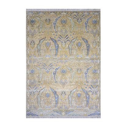 Beige and Blue, Blended Silk Transitional Persian Handknotted 9.10x14.5ft 303x442Cms Area Rug