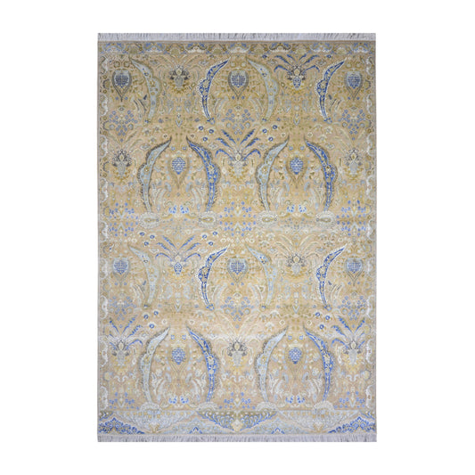 Beige and Blue, Blended Silk Transitional Persian Handknotted 9.10x14.5ft 303x442Cms Area Rug