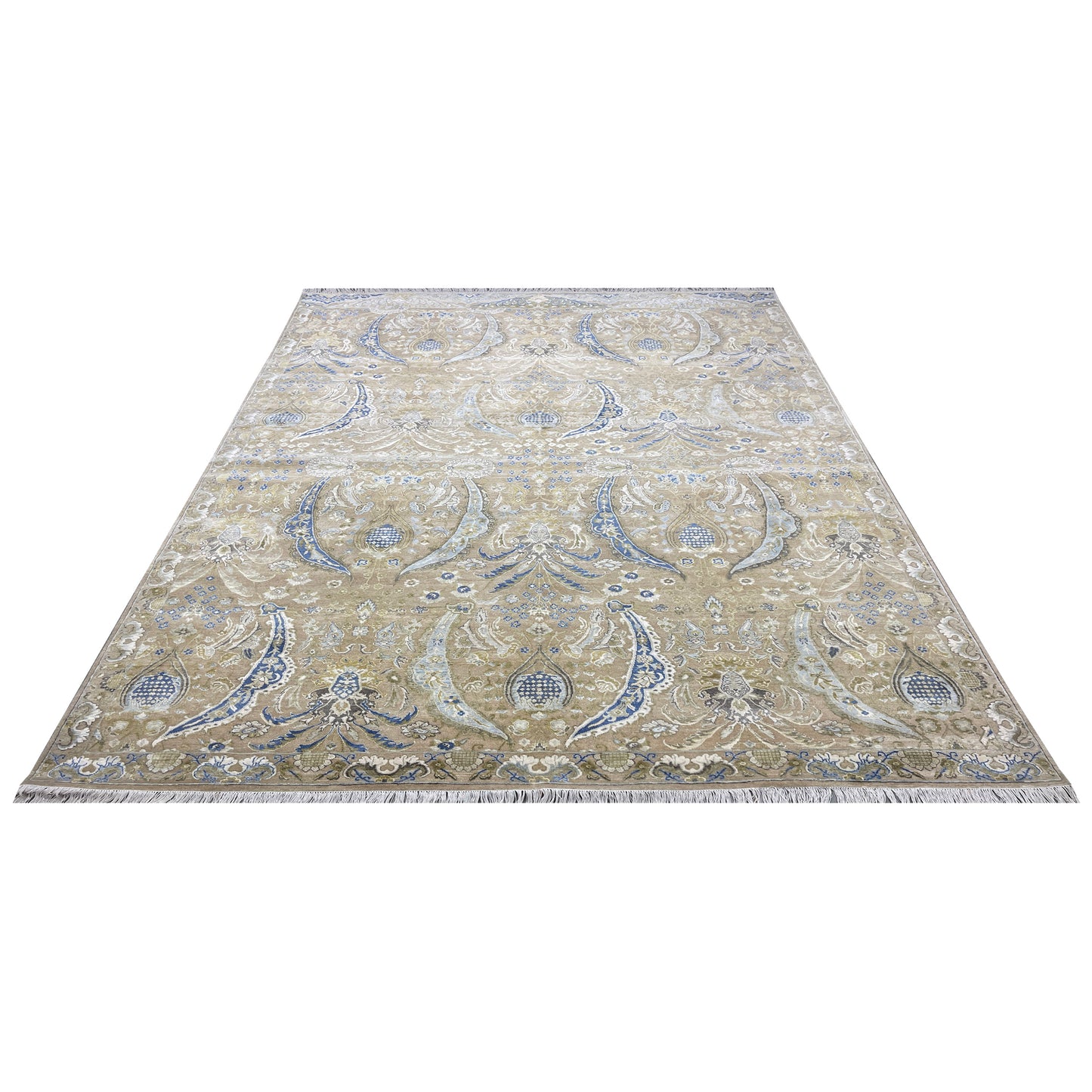Beige and Blue, Blended Silk Transitional Persian Handknotted 9.10x14.5ft 303x442Cms Area Rug