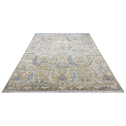 Beige and Blue, Blended Silk Transitional Persian Handknotted 9.10x14.5ft 303x442Cms Area Rug
