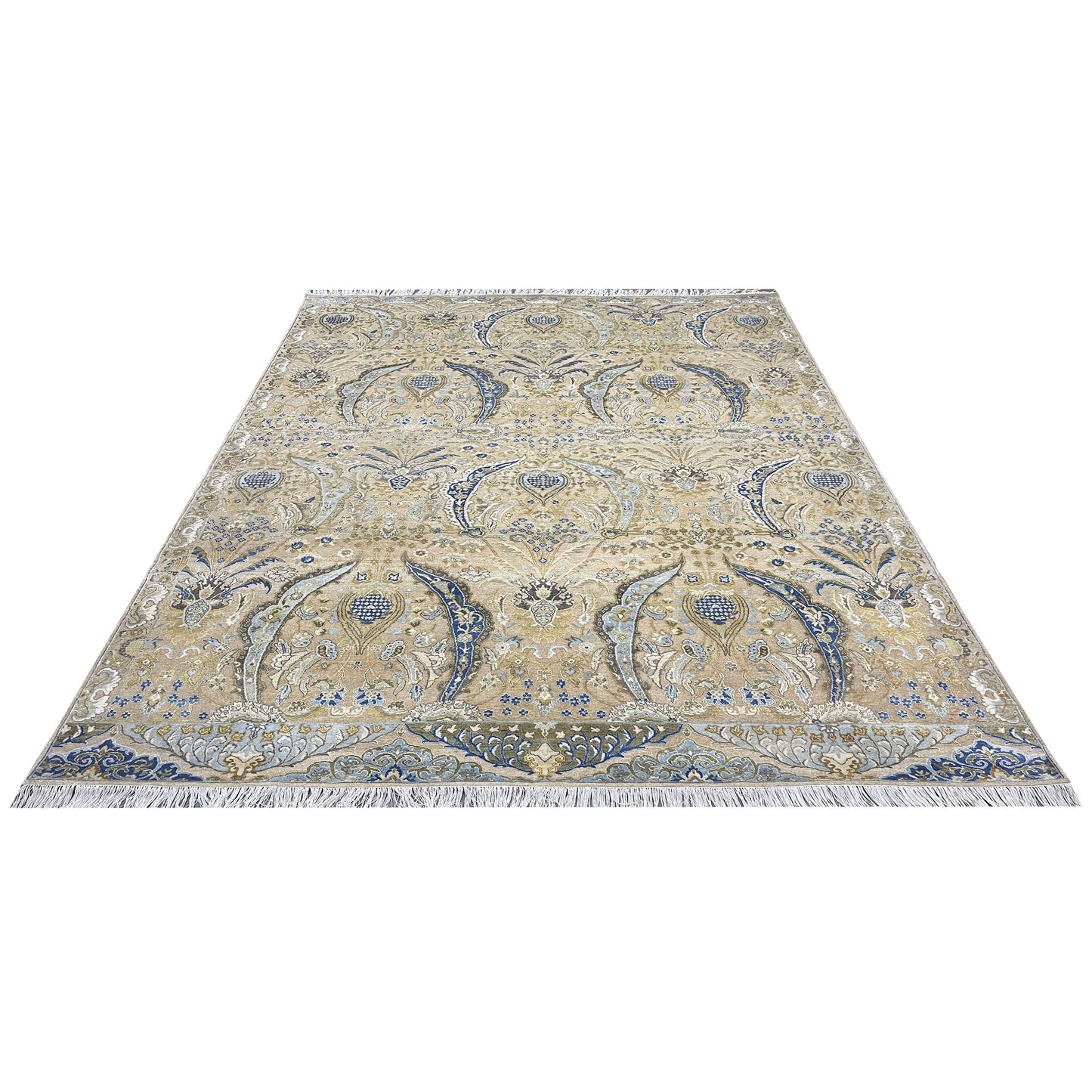 Beige and Blue, Blended Silk Transitional Persian Handknotted 9.10x14.5ft 303x442Cms Area Rug