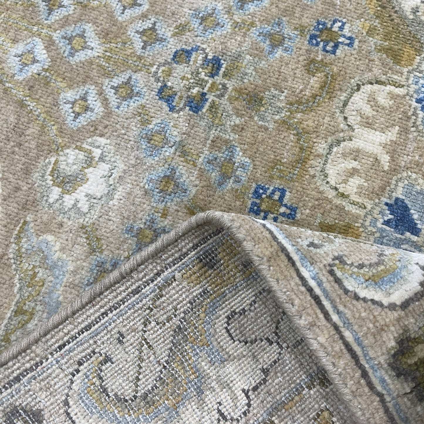 Beige and Blue, Blended Silk Transitional Persian Handknotted 9.10x14.5ft 303x442Cms Area Rug