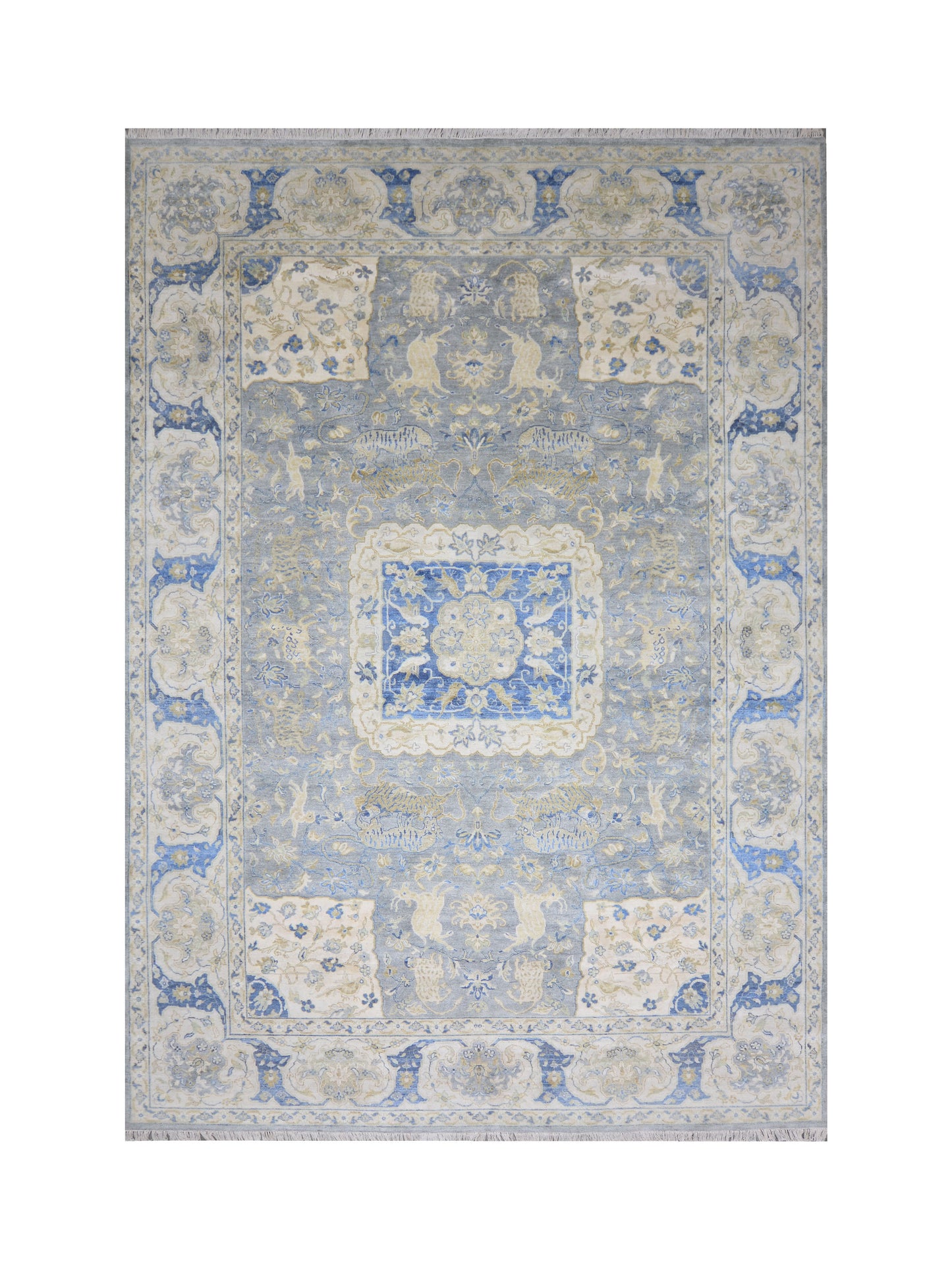 Grey and Blue, Blended Silk Traditional Persian Hunting Handknotted 9.11x14.1ft 302x428Cms Area Rug
