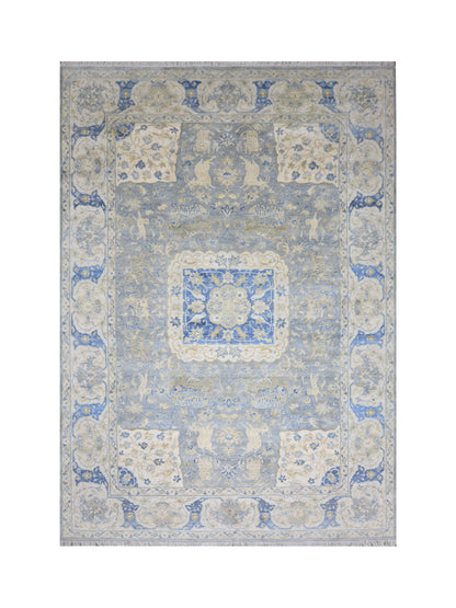 Grey and Blue, Blended Silk Traditional Persian Hunting Handknotted 9.11x14.1ft 302x428Cms Area Rug