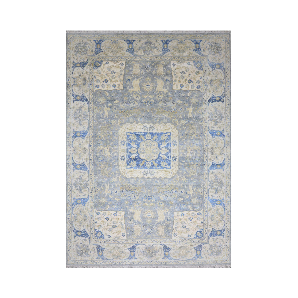 Grey and Blue, Blended Silk Traditional Persian Hunting Handknotted 9.11x14.1ft 302x428Cms Area Rug