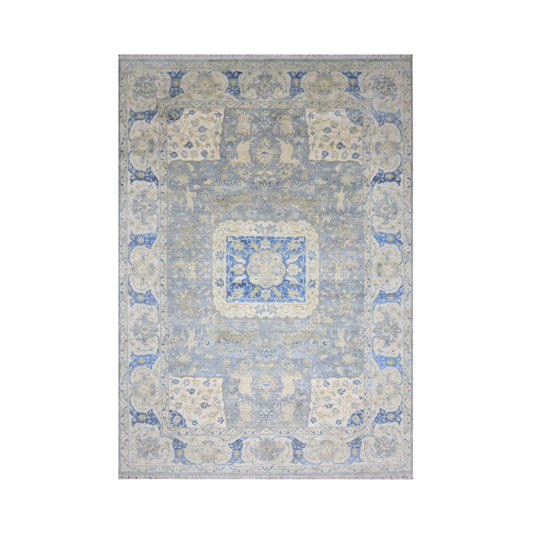 Grey and Blue, Blended Silk Traditional Persian Hunting Handknotted 9.11x14.1ft 302x428Cms Area Rug
