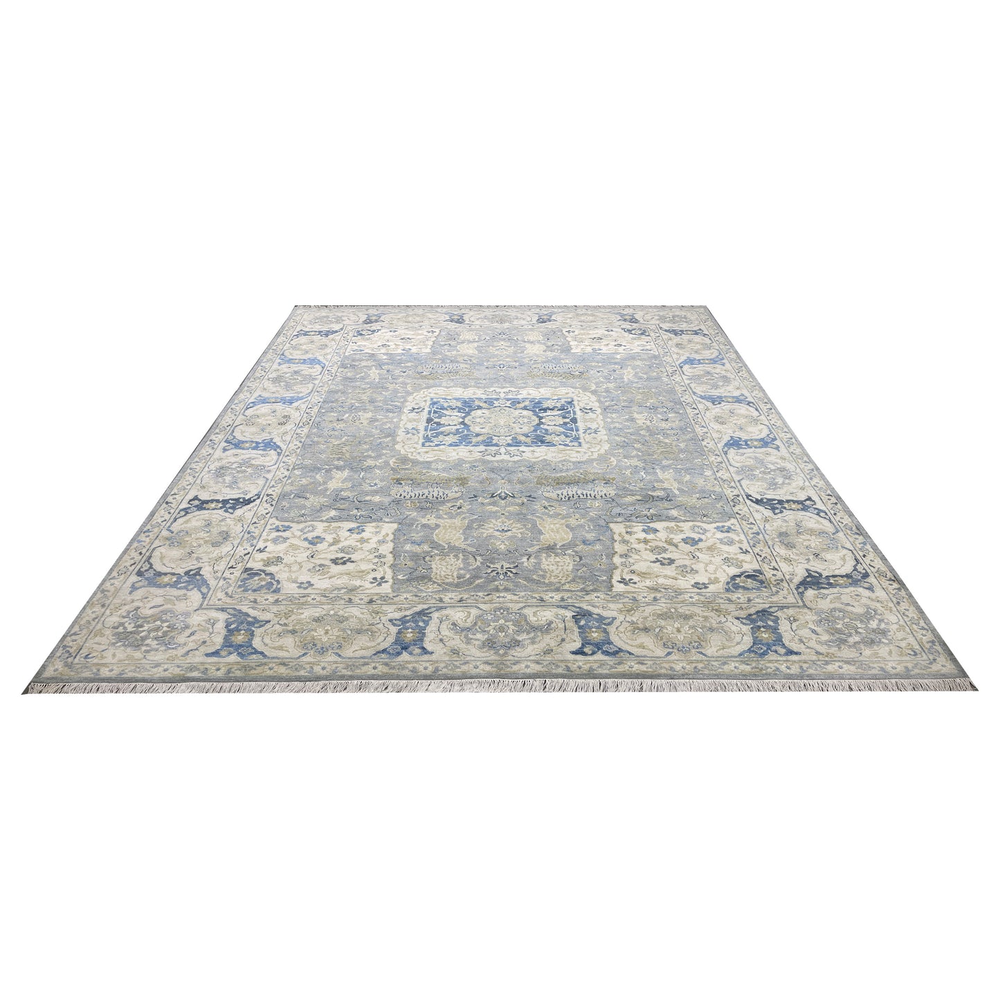Grey and Blue, Blended Silk Traditional Persian Hunting Handknotted 9.11x14.1ft 302x428Cms Area Rug