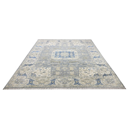 Grey and Blue, Blended Silk Traditional Persian Hunting Handknotted 9.11x14.1ft 302x428Cms Area Rug