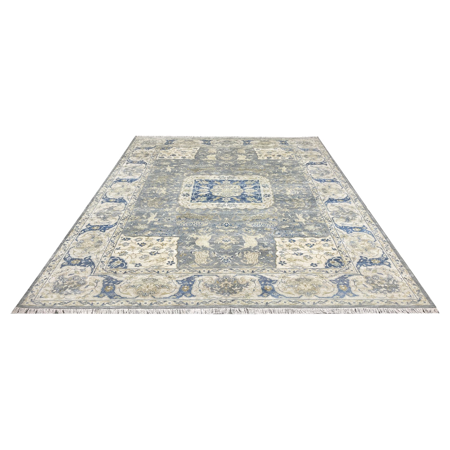 Grey and Blue, Blended Silk Traditional Persian Hunting Handknotted 9.11x14.1ft 302x428Cms Area Rug