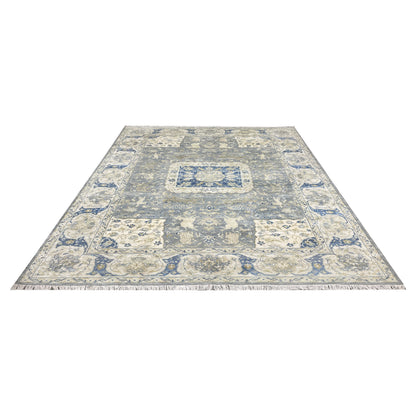 Grey and Blue, Blended Silk Traditional Persian Hunting Handknotted 9.11x14.1ft 302x428Cms Area Rug