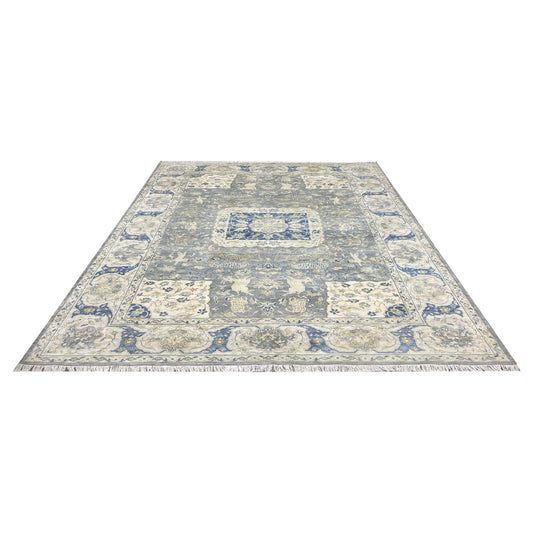 Grey and Blue, Blended Silk Traditional Persian Hunting Handknotted 9.11x14.1ft 302x428Cms Area Rug