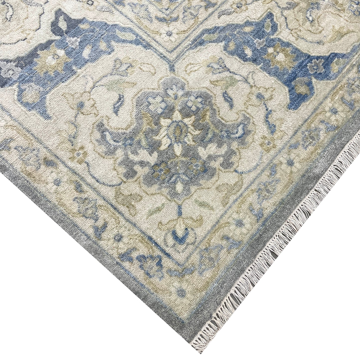 Grey and Blue, Blended Silk Traditional Persian Hunting Handknotted 9.11x14.1ft 302x428Cms Area Rug
