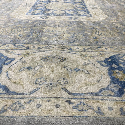 Grey and Blue, Blended Silk Traditional Persian Hunting Handknotted 9.11x14.1ft 302x428Cms Area Rug