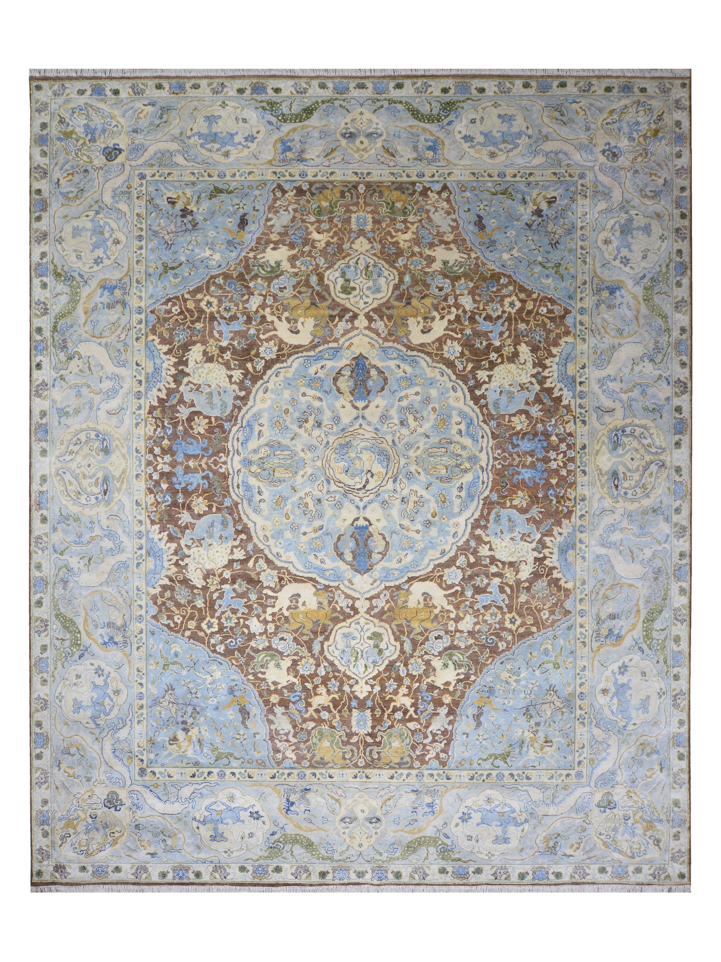 Brown and Blue, Silk Wool Oxidized Traditional Persian Handknotted 11.11x14.10ft 364x451Cms Area Rug