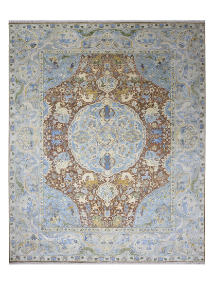 Brown and Blue, Silk Wool Oxidized Traditional Persian Handknotted 11.11x14.10ft 364x451Cms Area Rug