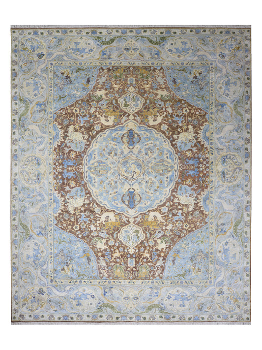 Brown and Blue, Silk Wool Oxidized Traditional Persian Handknotted 11.11x14.10ft 364x451Cms Area Rug