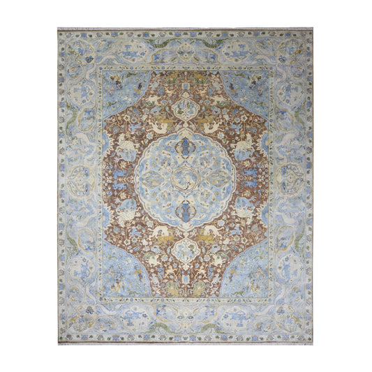 Brown and Blue, Silk Wool Oxidized Traditional Persian Handknotted 11.11x14.10ft 364x451Cms Area Rug