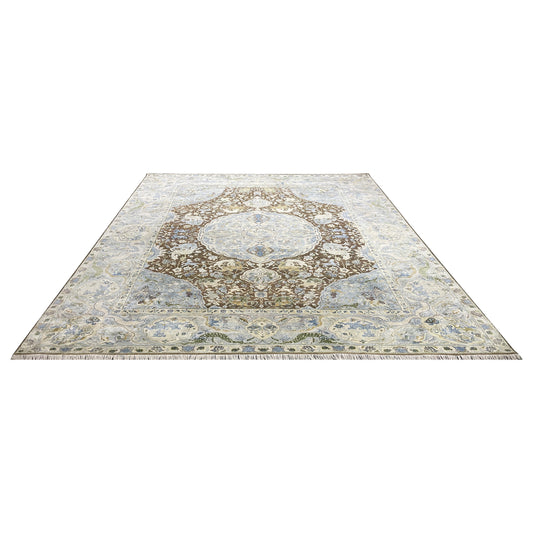 Brown and Blue, Silk Wool Oxidized Traditional Persian Handknotted 11.11x14.10ft 364x451Cms Area Rug