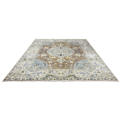 Brown and Blue, Silk Wool Oxidized Traditional Persian Handknotted 11.11x14.10ft 364x451Cms Area Rug