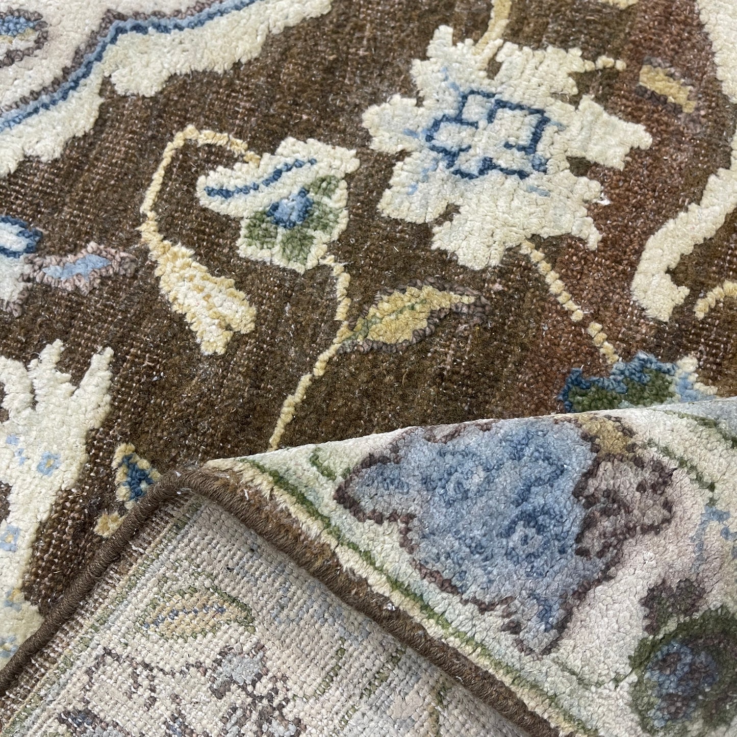 Brown and Blue, Silk Wool Oxidized Traditional Persian Handknotted 11.11x14.10ft 364x451Cms Area Rug