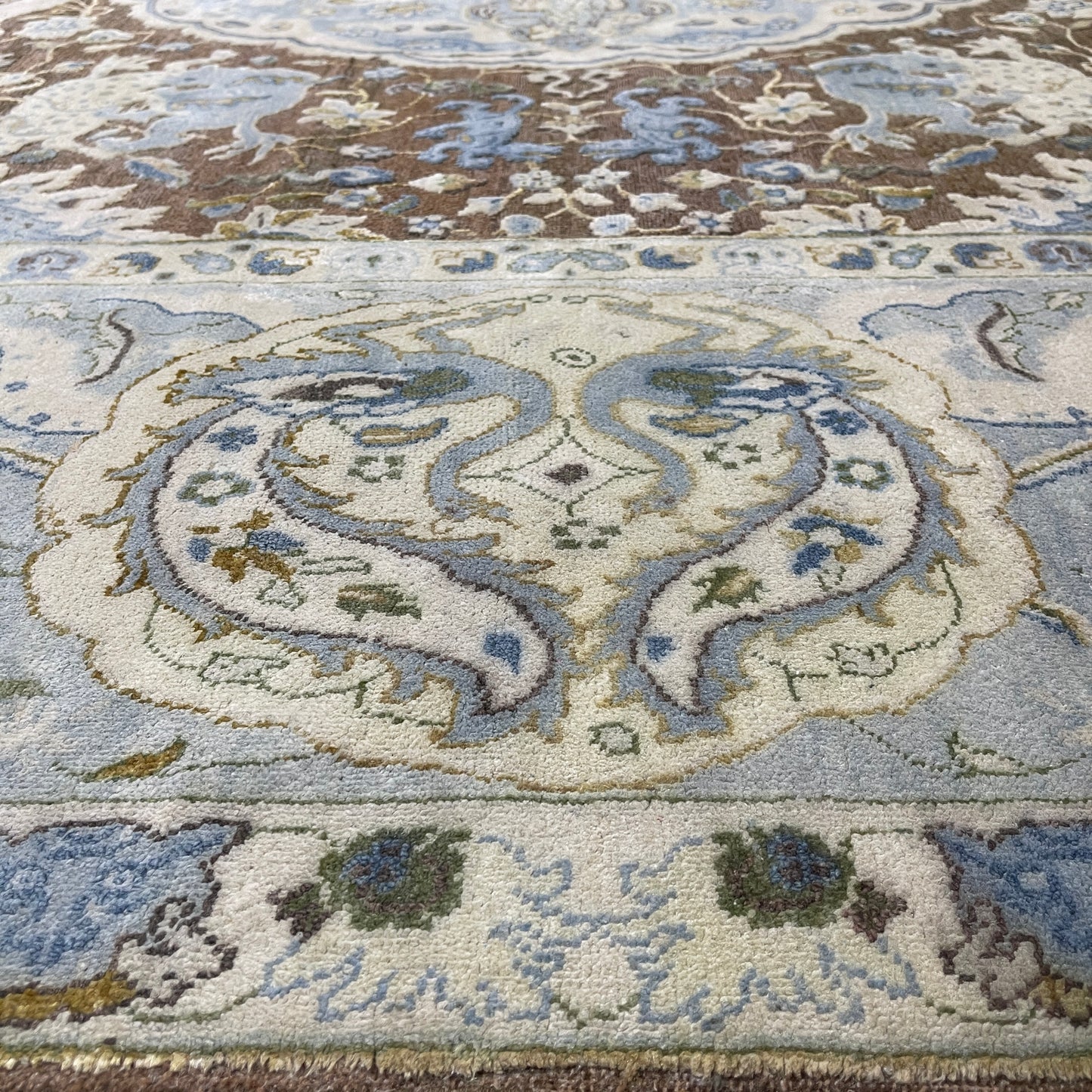 Brown and Blue, Silk Wool Oxidized Traditional Persian Handknotted 11.11x14.10ft 364x451Cms Area Rug