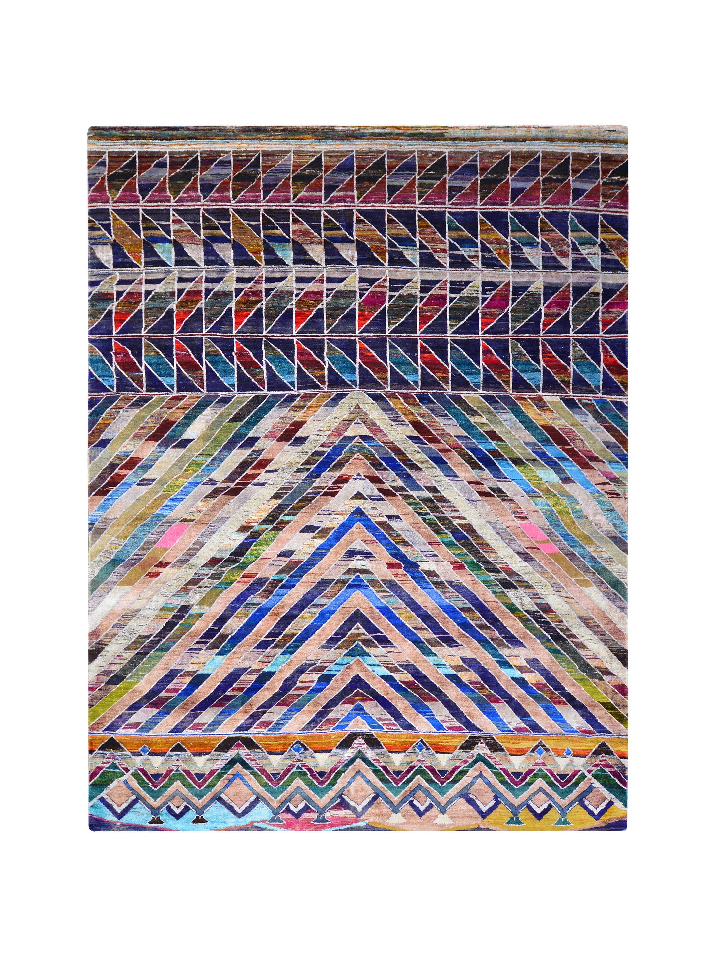Blue and Multy, Pure Sari Silk Modern Geometrical Handknotted 8.11x11.10ft 271x360Cms Area Rug