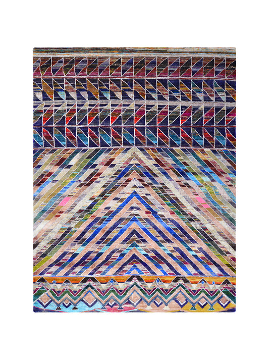 Blue and Multy, Pure Sari Silk Modern Geometrical Handknotted 8.11x11.10ft 271x360Cms Area Rug