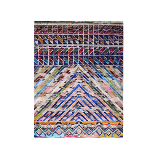 Blue and Multy, Pure Sari Silk Modern Geometrical Handknotted 8.11x11.10ft 271x360Cms Area Rug