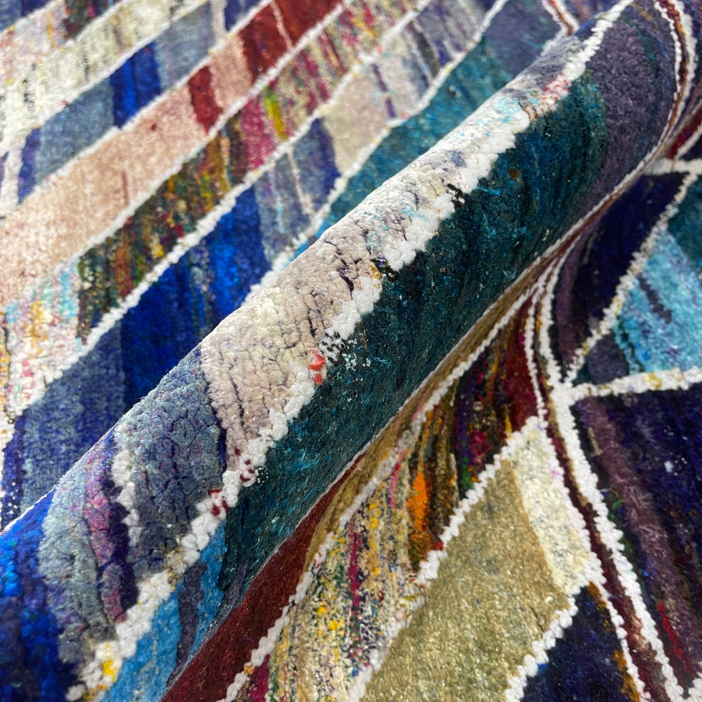 Blue and Multy, Pure Sari Silk Modern Geometrical Handknotted 8.11x11.10ft 271x360Cms Area Rug