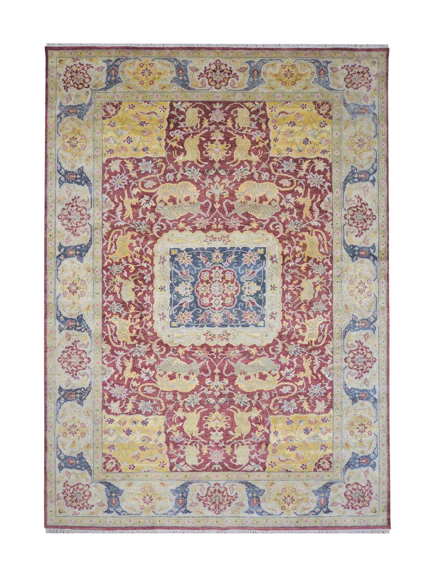 Red and Ivory Silk Hunting Persian Traditional Handknotted 10.1x14.1ft 306x430Cms Area Rug