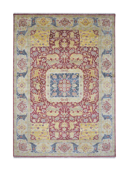 Red and Ivory Silk Hunting Persian Traditional Handknotted 10.1x14.1ft 306x430Cms Area Rug