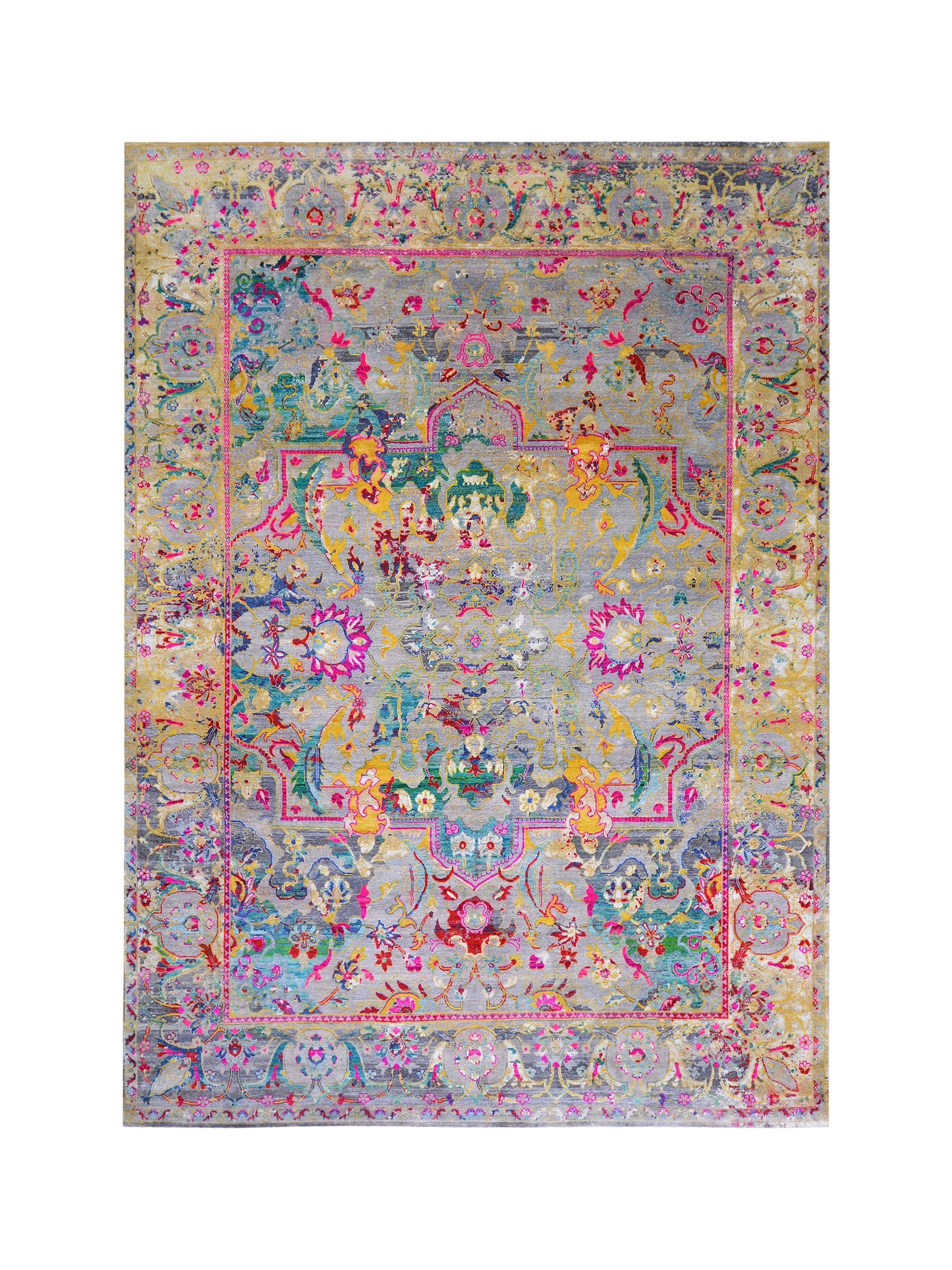 Grey and Gold, Blended Silk and Sari Silk Traditional Persian Handknotted 8.11x11.11ft 271x363Cms Area Rug
