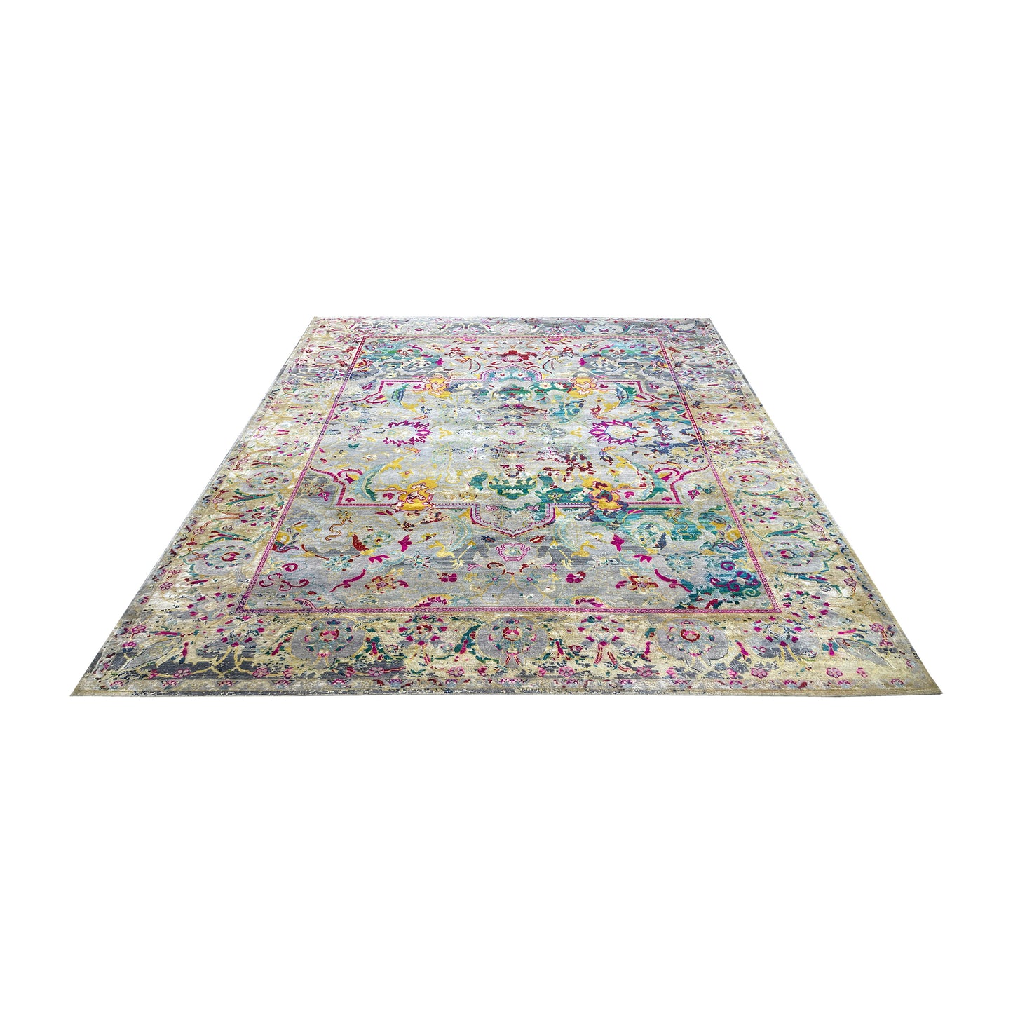 Grey and Gold, Blended Silk and Sari Silk Traditional Persian Handknotted 8.11x11.11ft 271x363Cms Area Rug