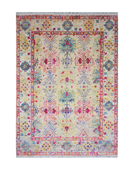 Beige and Pink Blended Silk and Sari Silk Wool Erased Oushak Traditional Handknotted 8.11x12.2ft 273x370Cms Area Rug