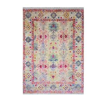 Beige and Pink Blended Silk and Sari Silk Wool Erased Oushak Traditional Handknotted 8.11x12.2ft 273x370Cms Area Rug