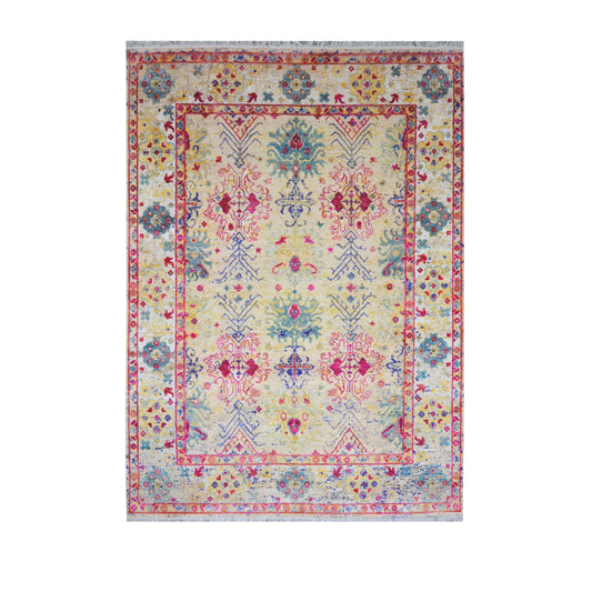 Beige and Pink Blended Silk and Sari Silk Wool Erased Oushak Traditional Handknotted 8.11x12.2ft 273x370Cms Area Rug