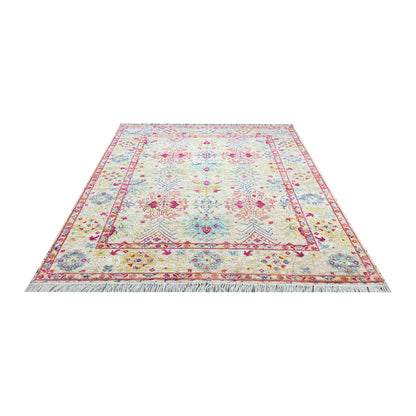 Beige and Pink Blended Silk and Sari Silk Wool Erased Oushak Traditional Handknotted 8.11x12.2ft 273x370Cms Area Rug