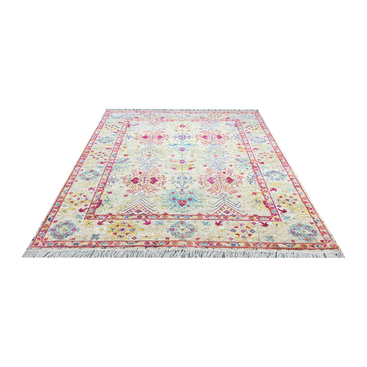 Beige and Pink Blended Silk and Sari Silk Wool Erased Oushak Traditional Handknotted 8.11x12.2ft 273x370Cms Area Rug