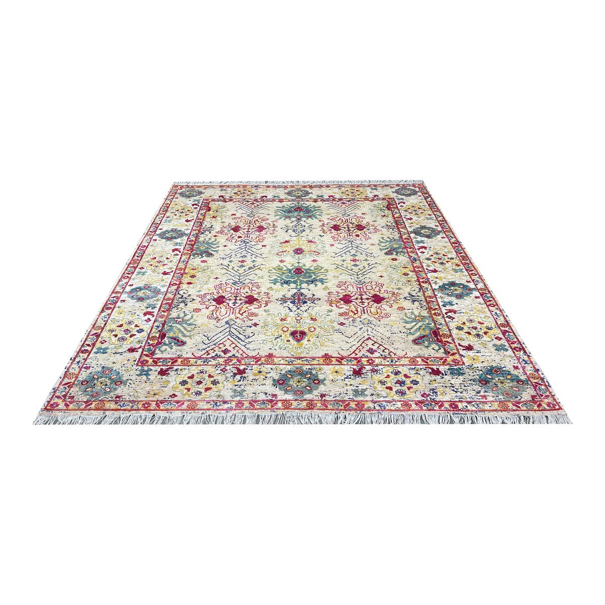 Beige and Pink Blended Silk and Sari Silk Wool Erased Oushak Traditional Handknotted 8.11x12.2ft 273x370Cms Area Rug