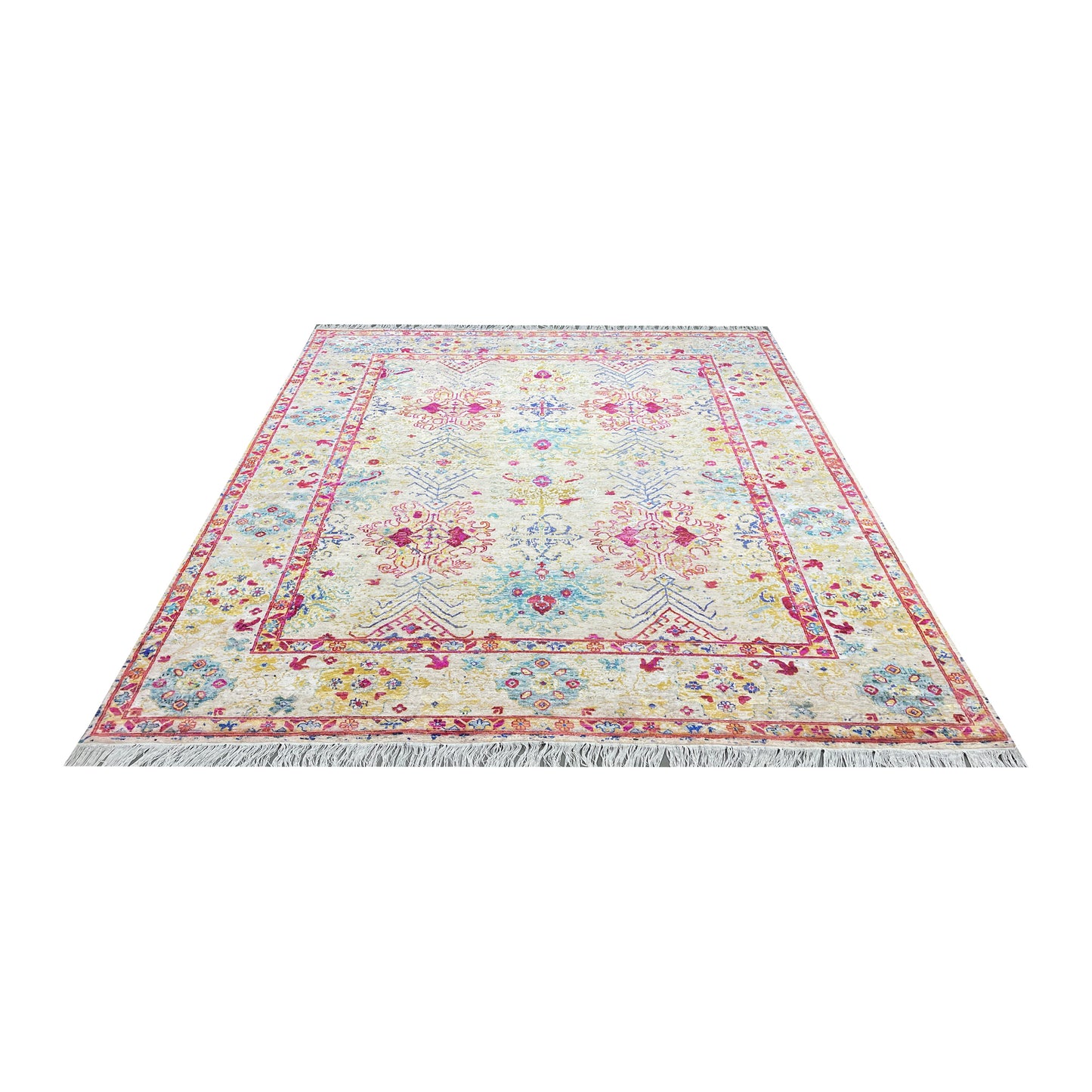 Beige and Pink Blended Silk and Sari Silk Wool Erased Oushak Traditional Handknotted 8.11x12.2ft 273x370Cms Area Rug