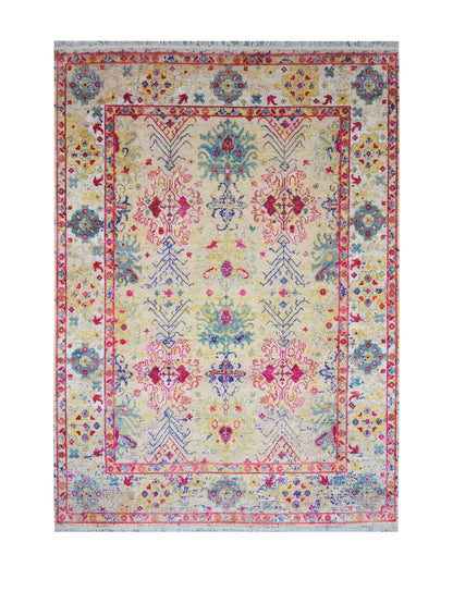 Beige and Pink Blended Silk and Sari Silk Wool Erased Oushak Traditional Handknotted 8.11x12.2ft 273x370Cms Area Rug