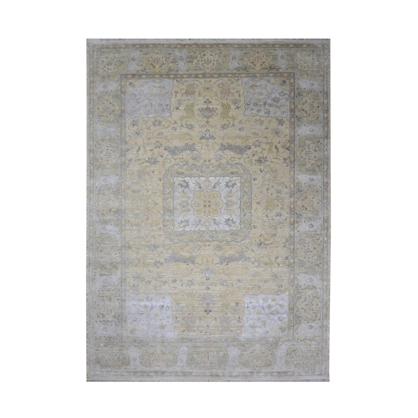 Beige and Ivory, Blended Silk Wool Oxidized  Traditional Hunting Persian Handknotted 10.3x14.5ft 310x440Cms Area Rug