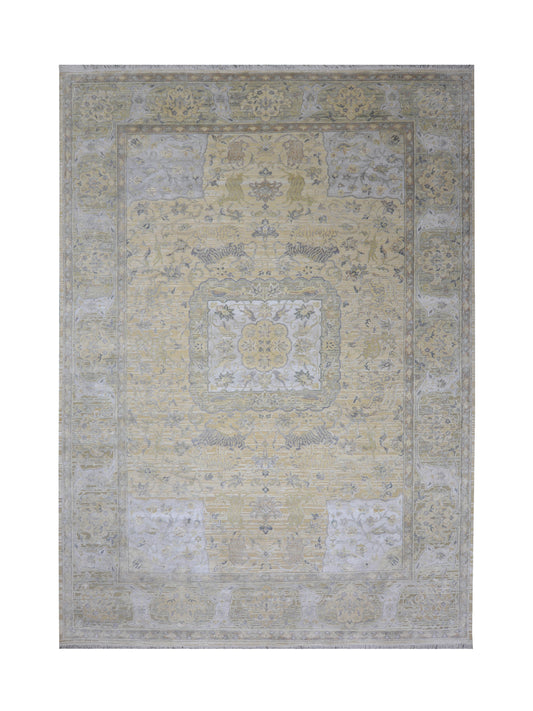 Beige and Ivory, Blended Silk Wool Oxidized  Traditional Hunting Persian Handknotted 10.3x14.5ft 310x440Cms Area Rug