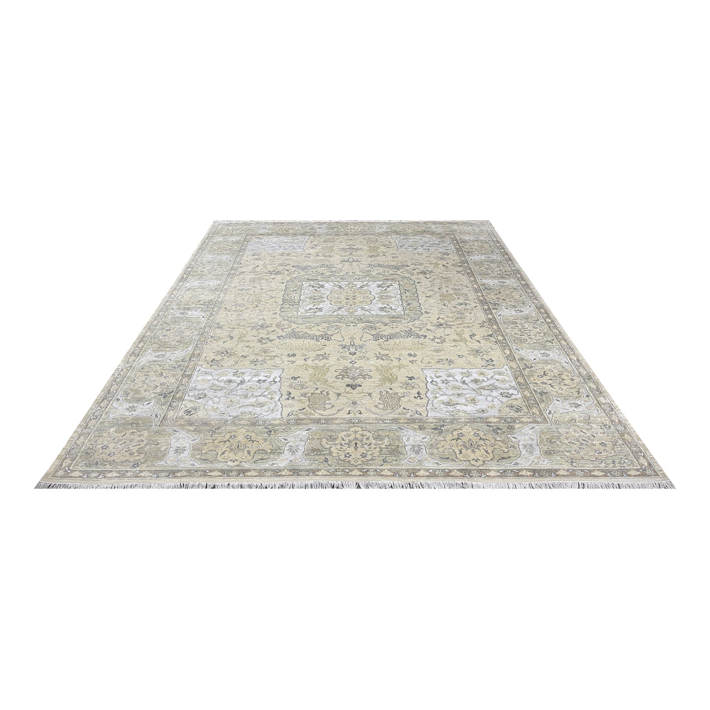 Beige and Ivory, Blended Silk Wool Oxidized  Traditional Hunting Persian Handknotted 10.3x14.5ft 310x440Cms Area Rug
