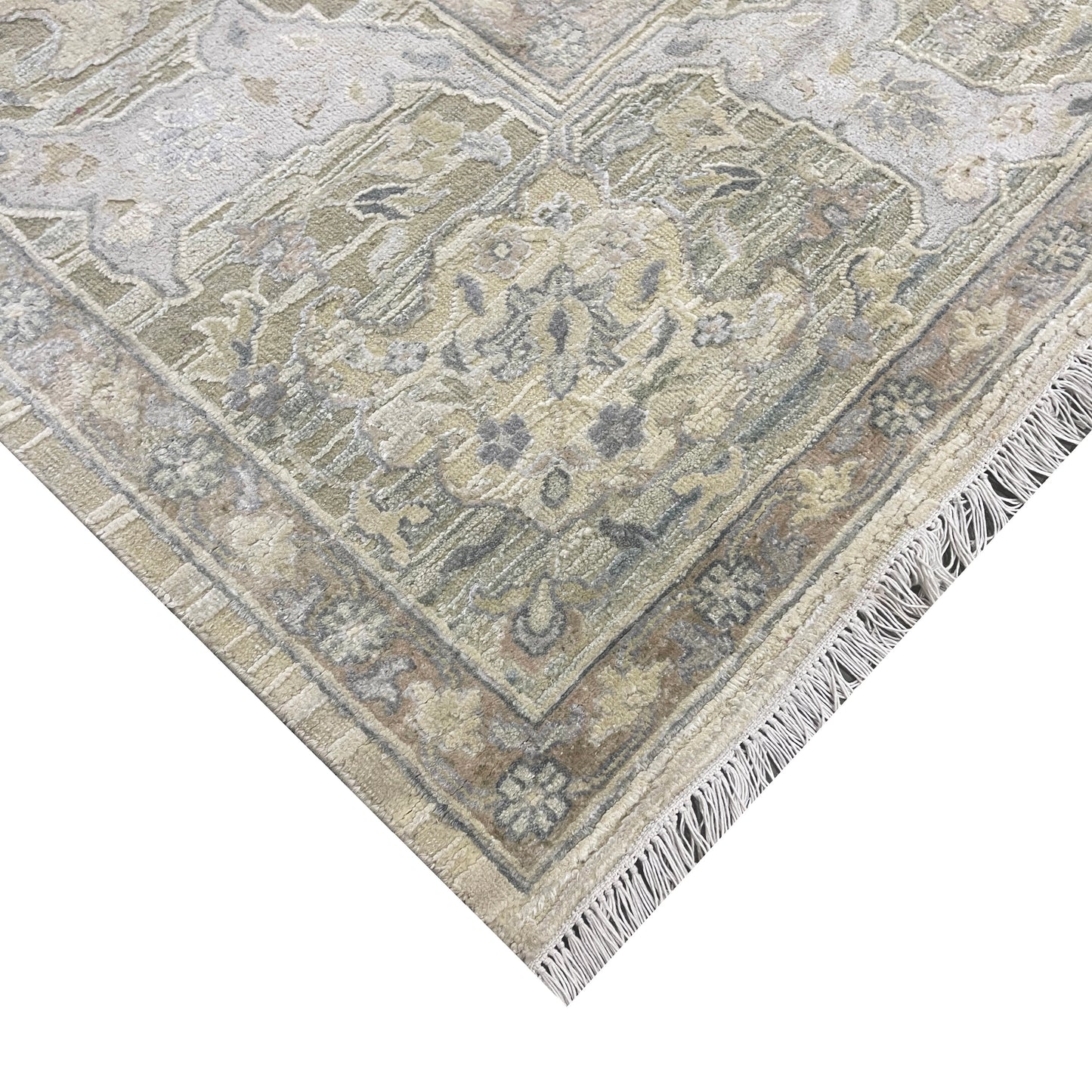 Beige and Ivory, Blended Silk Wool Oxidized  Traditional Hunting Persian Handknotted 10.3x14.5ft 310x440Cms Area Rug
