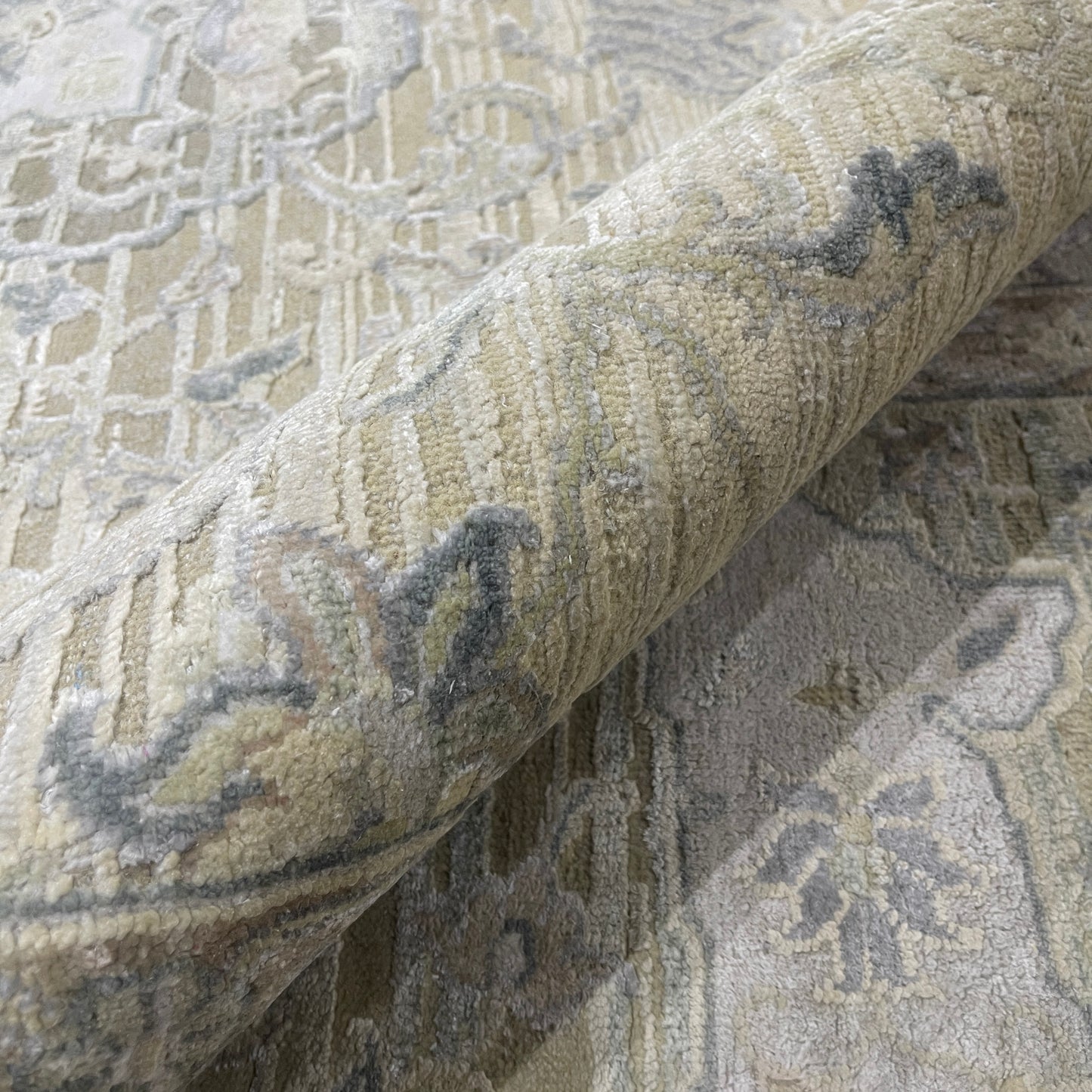 Beige and Ivory, Blended Silk Wool Oxidized  Traditional Hunting Persian Handknotted 10.3x14.5ft 310x440Cms Area Rug