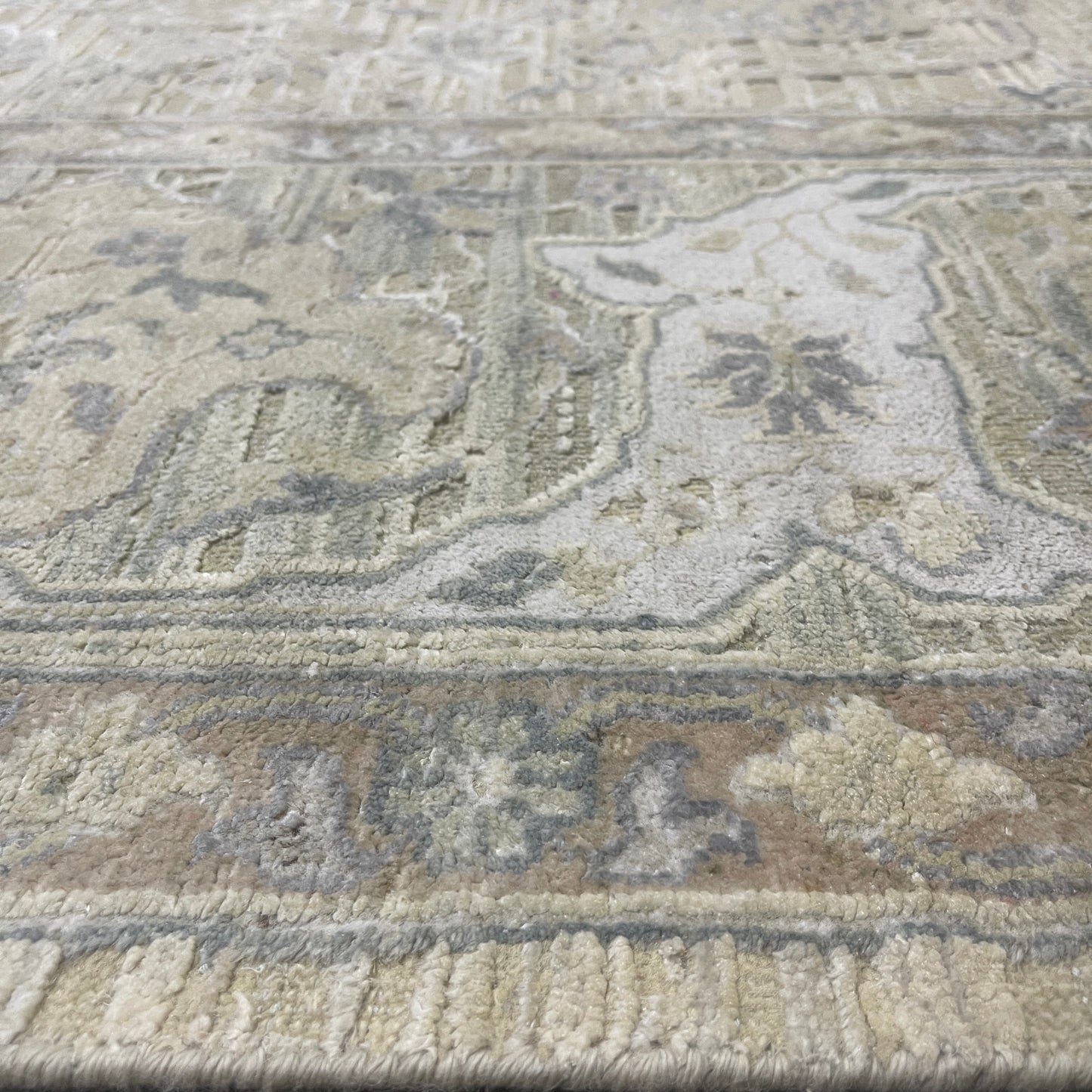 Beige and Ivory, Blended Silk Wool Oxidized  Traditional Hunting Persian Handknotted 10.3x14.5ft 310x440Cms Area Rug
