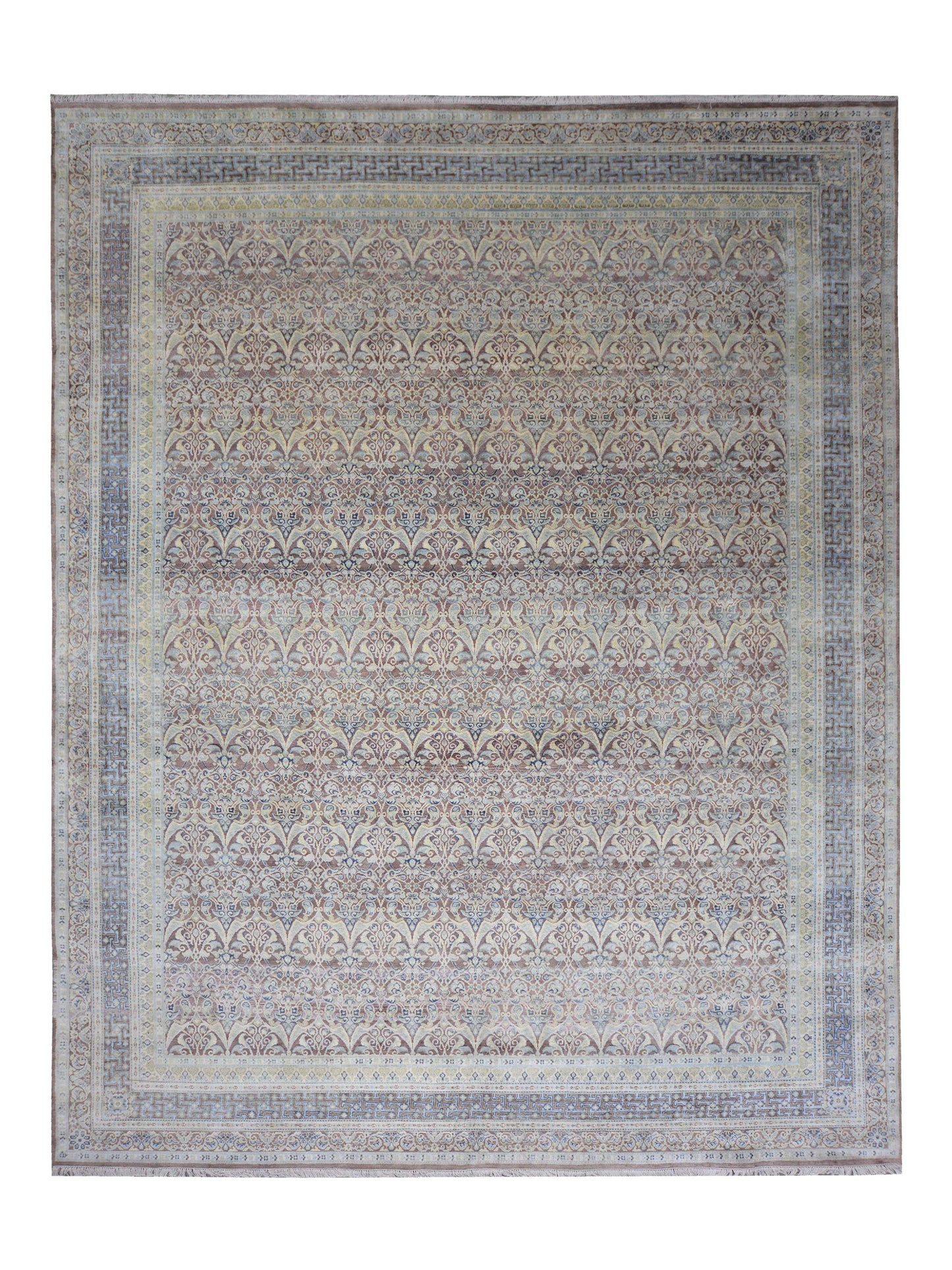 Brown and Gold, Pure Silk Regular Traditional Persian Handknotted 11.8x14.10ft 355x452Cms Area Rug