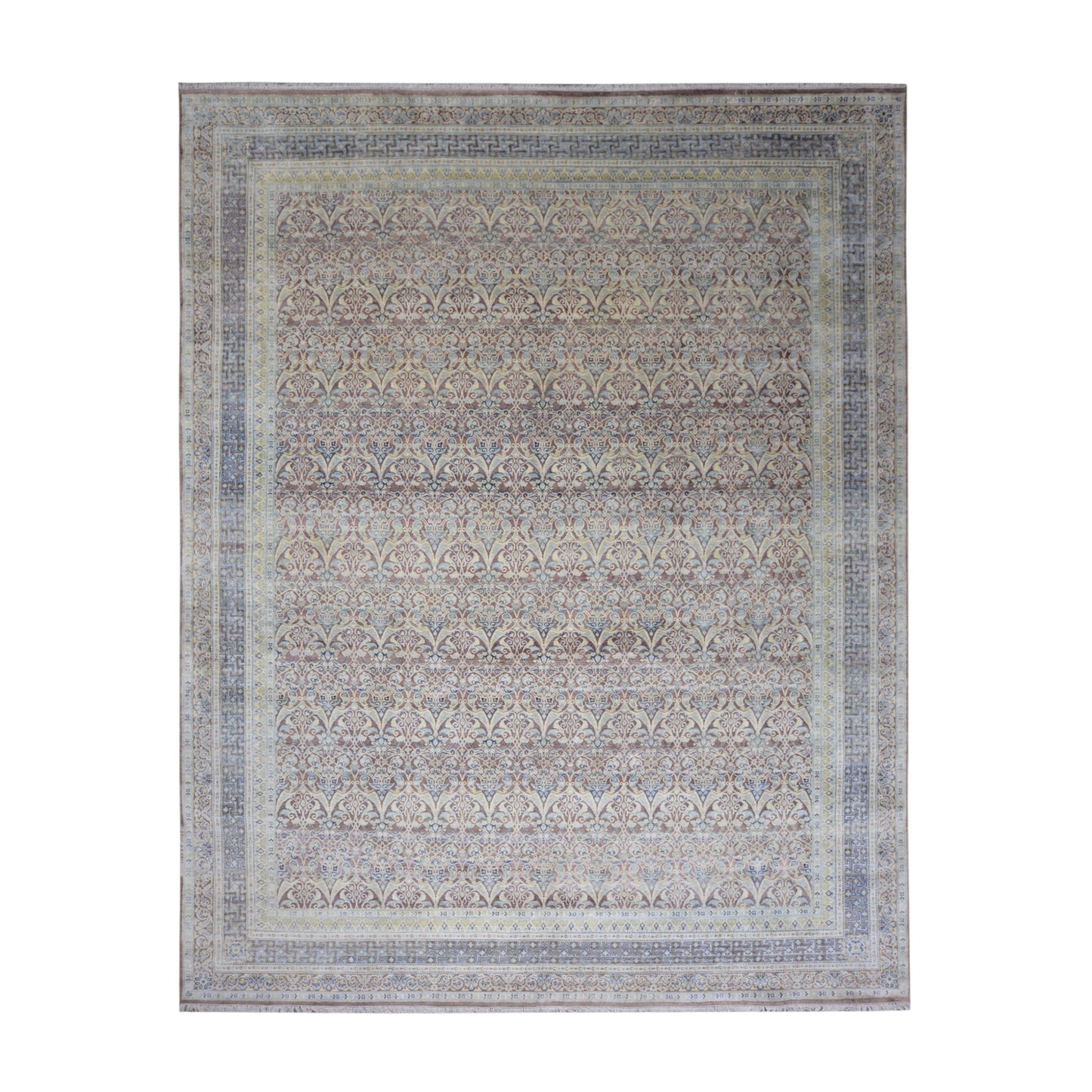 Brown and Gold, Pure Silk Regular Traditional Persian Handknotted 11.8x14.10ft 355x452Cms Area Rug