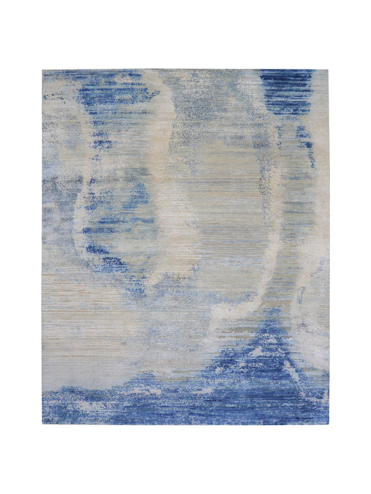 Blue and Ivory Silk and Wool Oxidized Abstract Modern Handknotted 7.11x9.11ft 244x305Cms Area Rug